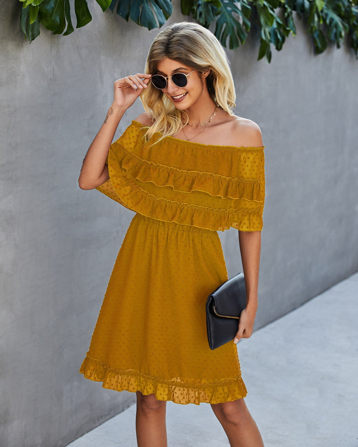 Swiss Dot Off Shoulder Ruffle Mini Dress