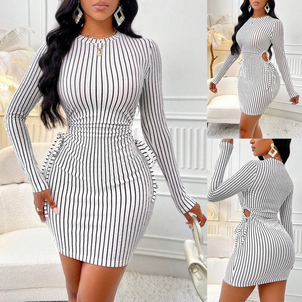 Pinstripe Long Sleeve Cut Out Ruched Side Tie Bodycon Mini Dress