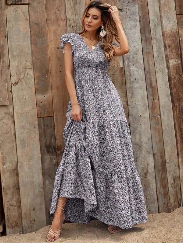 Floral Print V-Neck Flutter Sleeve Smocked Tiered Maxi Dress