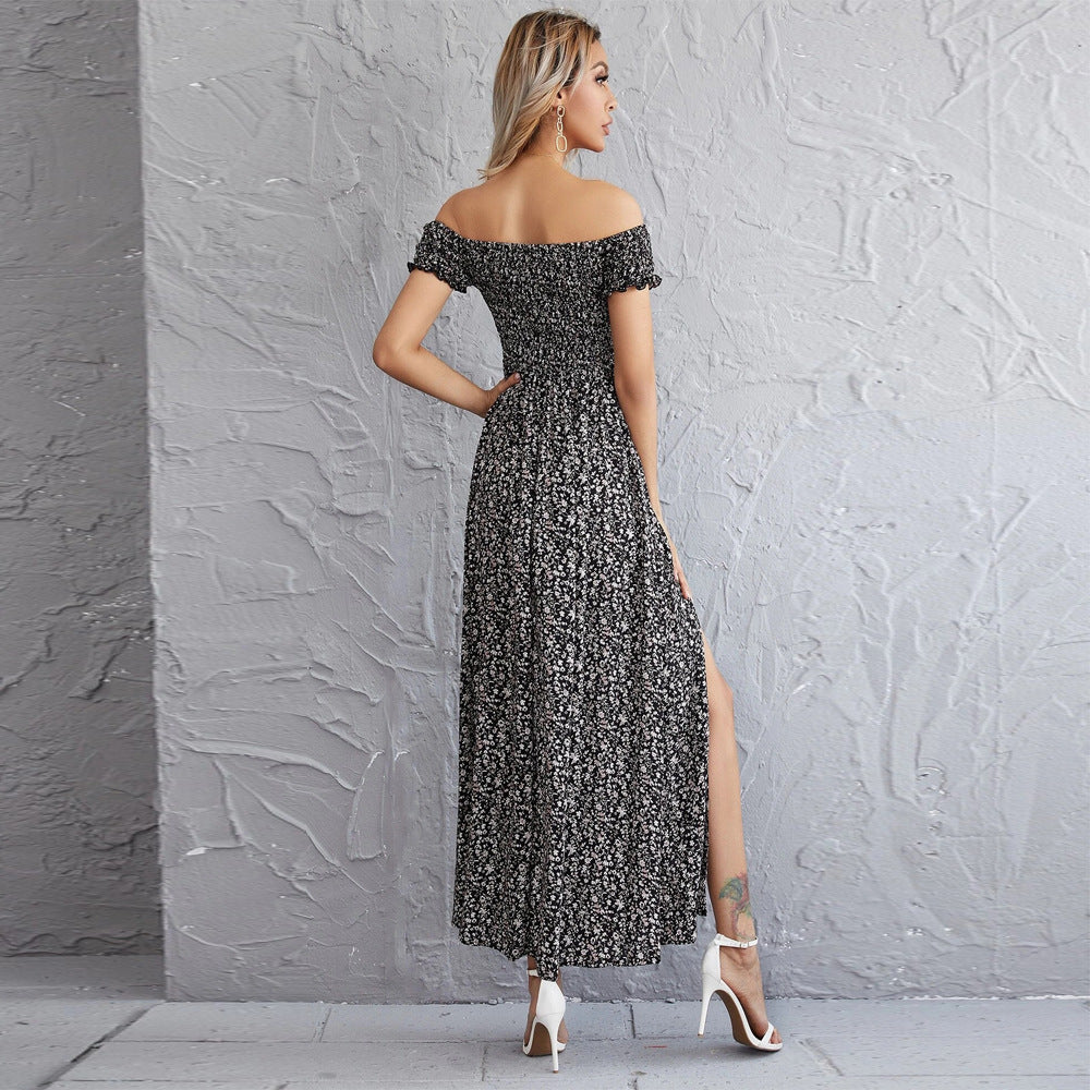 Floral Print Off Shoulder Smocked Slit Maxi Dress