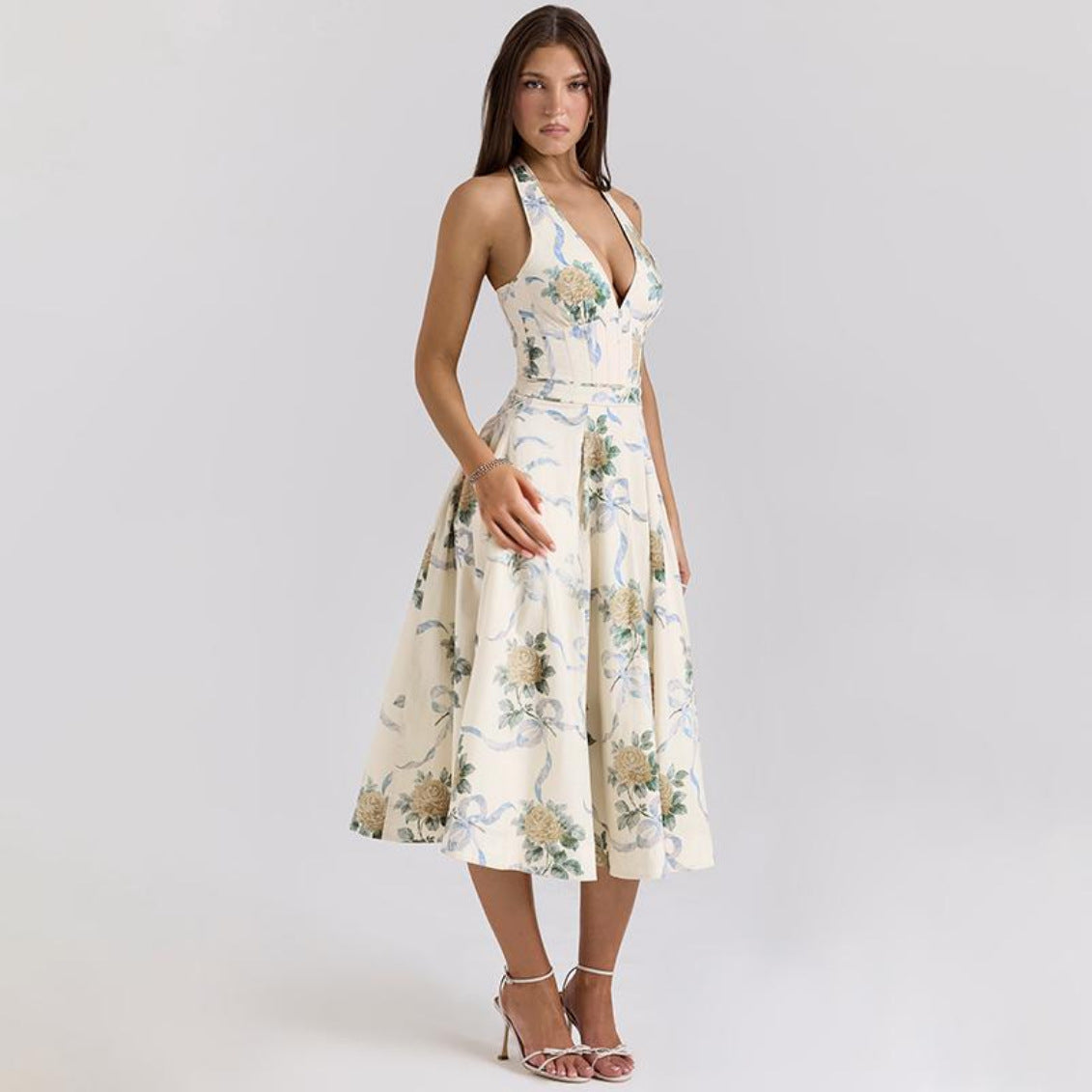 Floral Print Halter Neck Corset Bodice A-Line Midi Dress 3