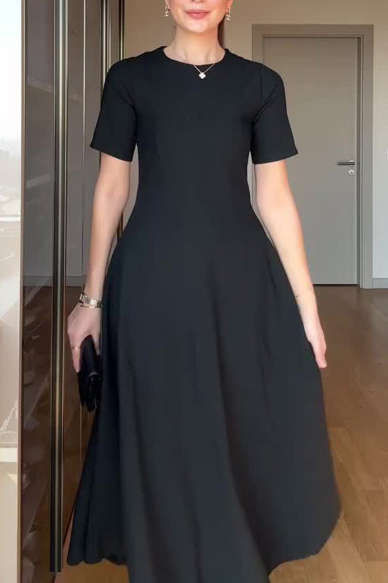 Temperament solid color waist loose hem midi dress