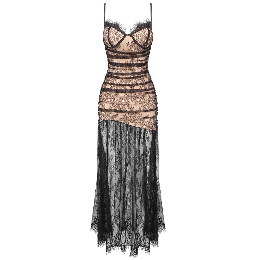 Black Pleated Lace Spaghetti Straps Sleeveless Maxi Evening Dresses Dress - Fashionpara