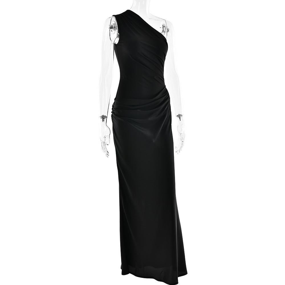 One-Shoulder Ruched Satin Bias Column Maxi Dress 11