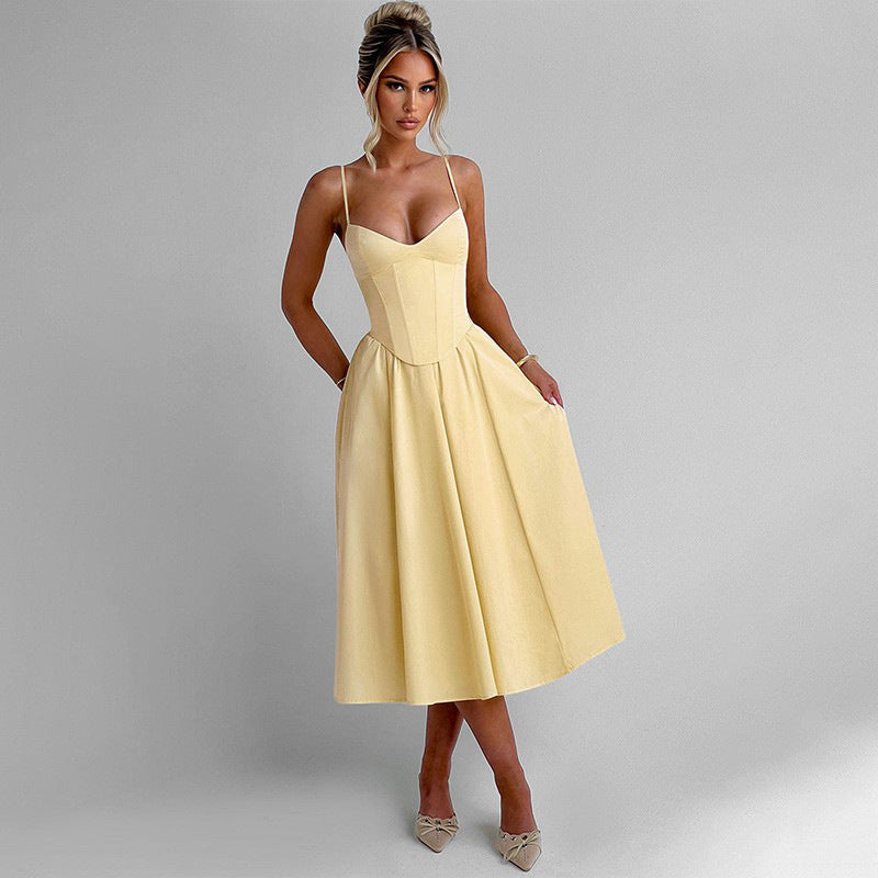 Satin Sweetheart Corset Full-Skirt Midi Dress 3