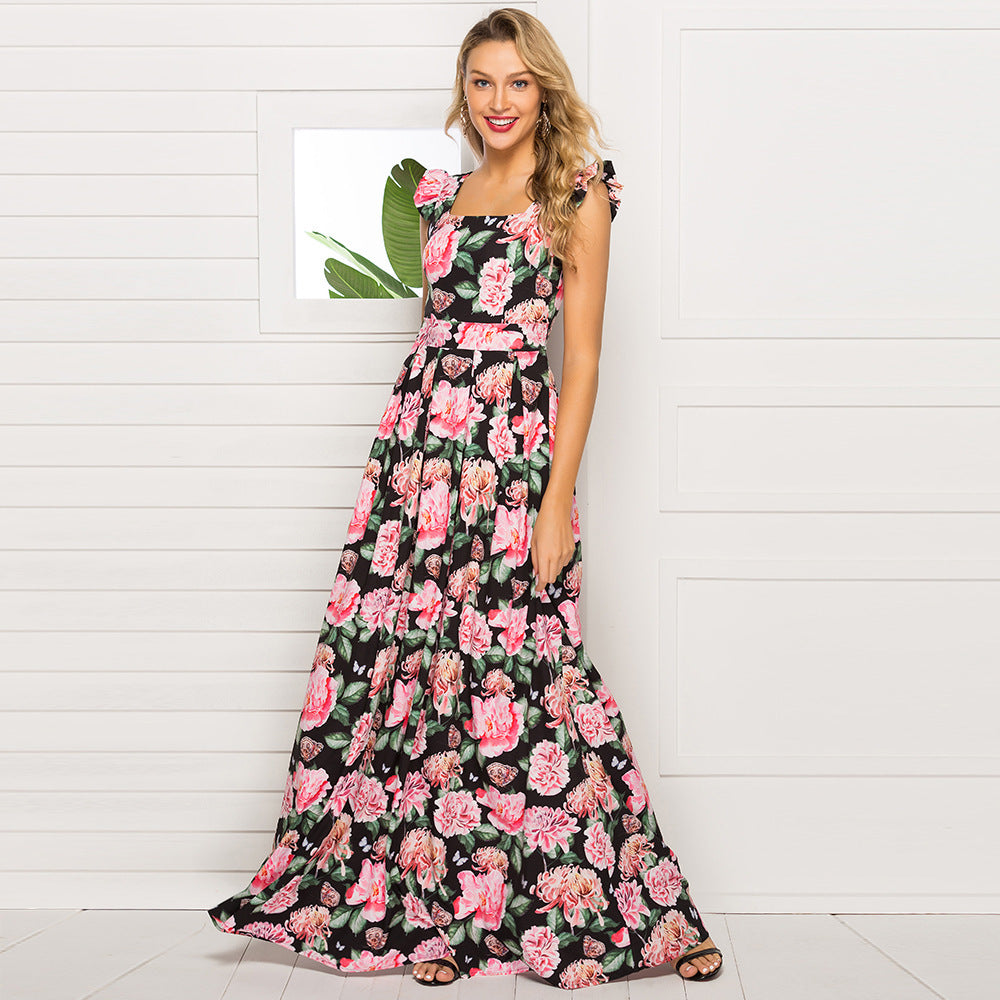 Floral Print Square Neck Ruffle Strap Fit & Flare Maxi Dress