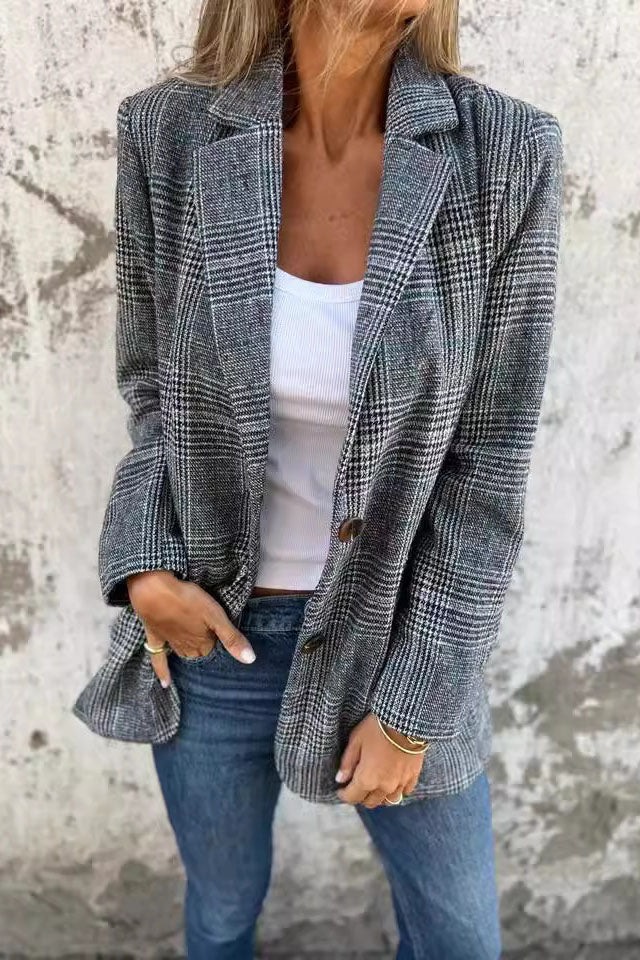 Mid-Length Houndstooth Wool Suit Jacket for Elegant Style