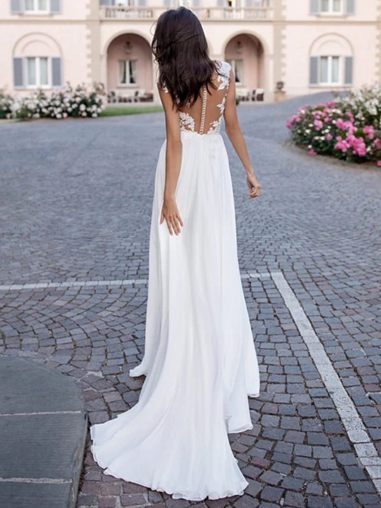 U-Neck Long Sleeve Backless Wedding Dress