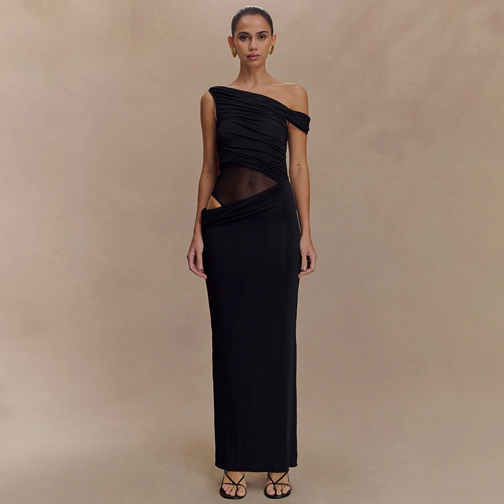 One-Shoulder Ruched Mesh-Cutout Column Maxi Gown