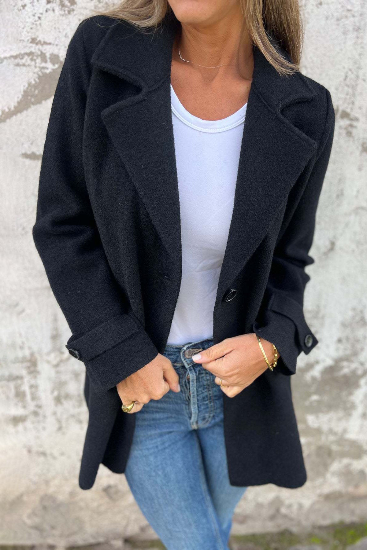 Woolen Loose Lapel Cardigan Coat with Stylish Fake Pockets