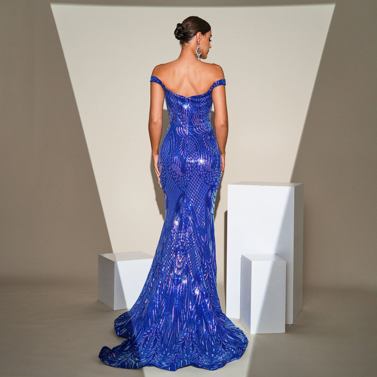 Baroque Sequin Off-Shoulder Slit Mermaid Gown 7