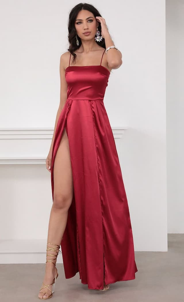 Satin Straight Neckline Double Split Maxi Dress
