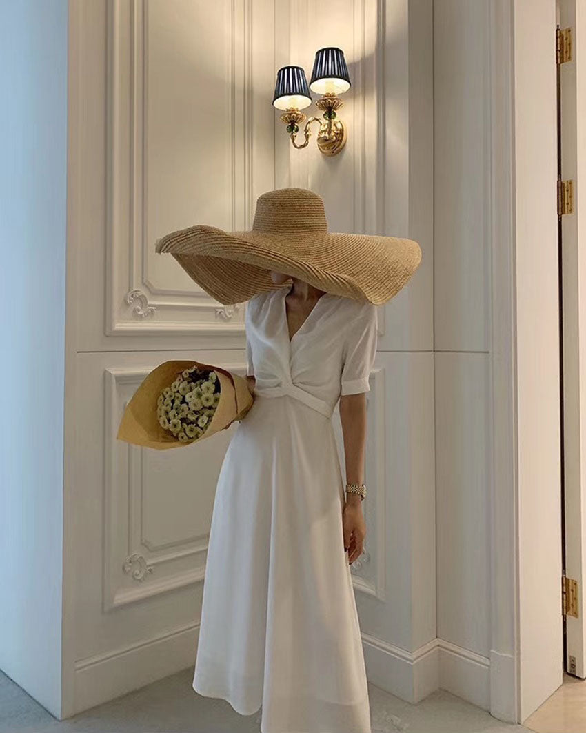 Satin V-neck Short Sleeve Midi A-line Dress - Fashionpara