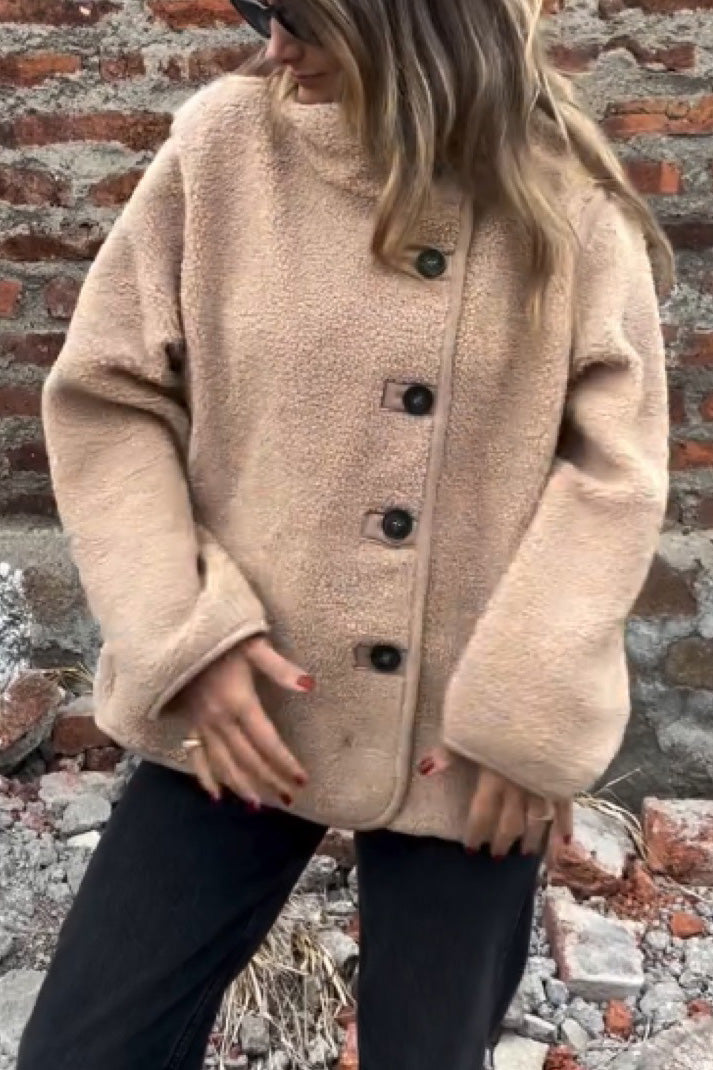 Loose Irregular Button Fleece Jacket with High Collar Design