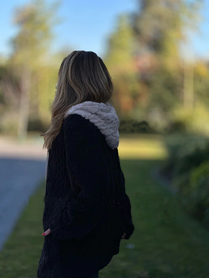 Mid-Length Vintage Hooded Fur Zip-Up Knitted Coat for Comfort