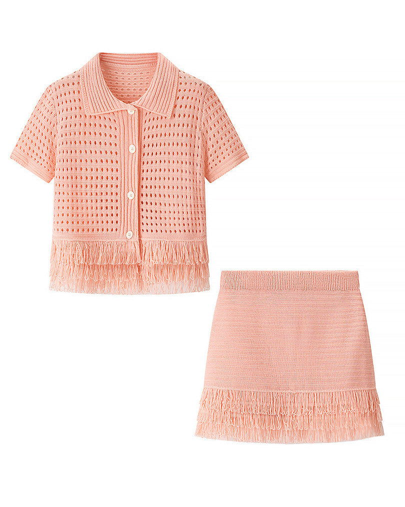 Chic Tassel Knit Coat and High-Waisted Miniskirt Set