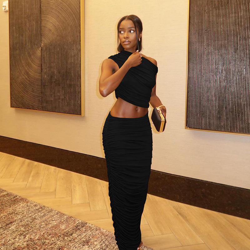 One-Shoulder Ruched Crop Top & Maxi Skirt Set 2