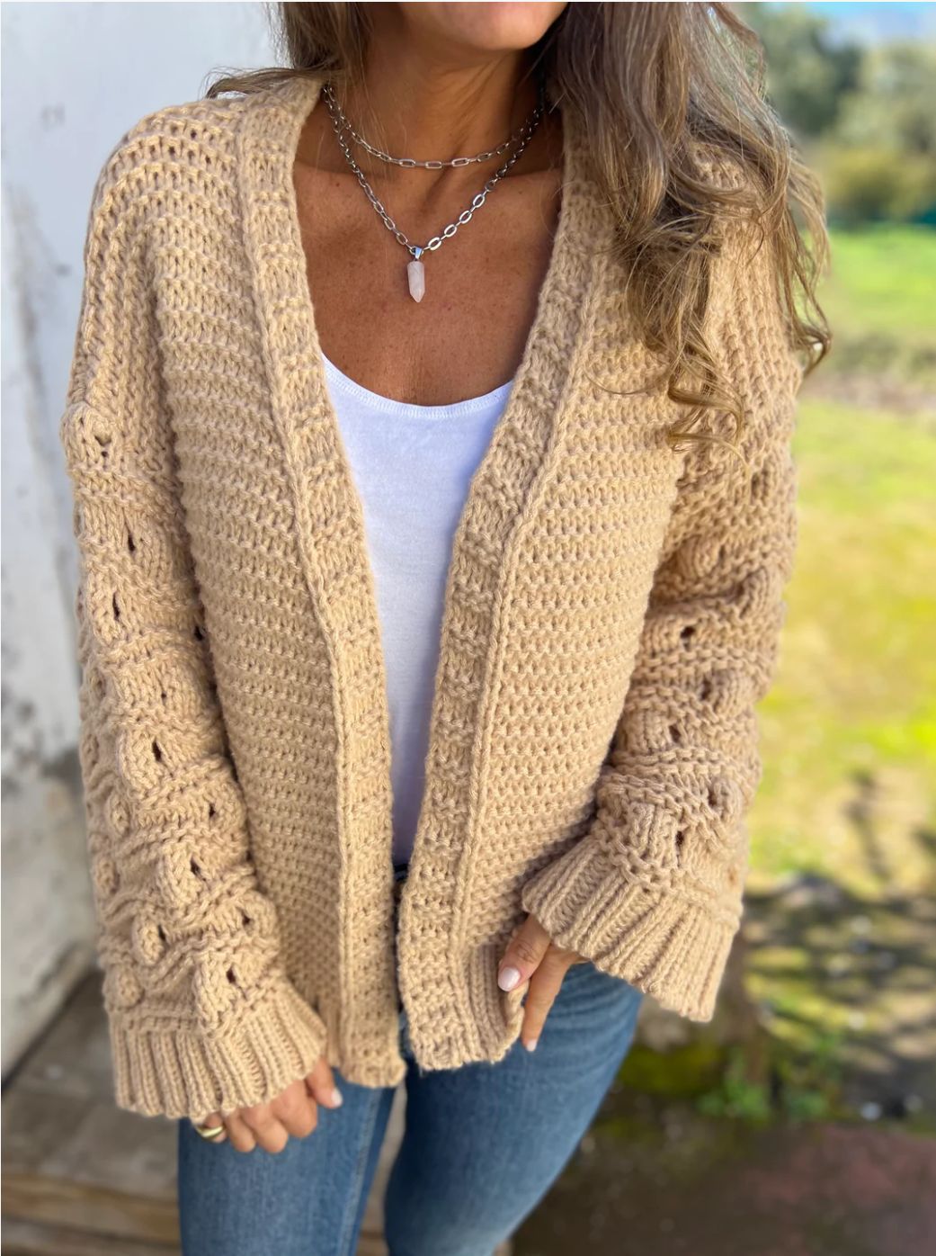 Thick Knit Hollow Sleeve Cardigan for Cozy Elegance