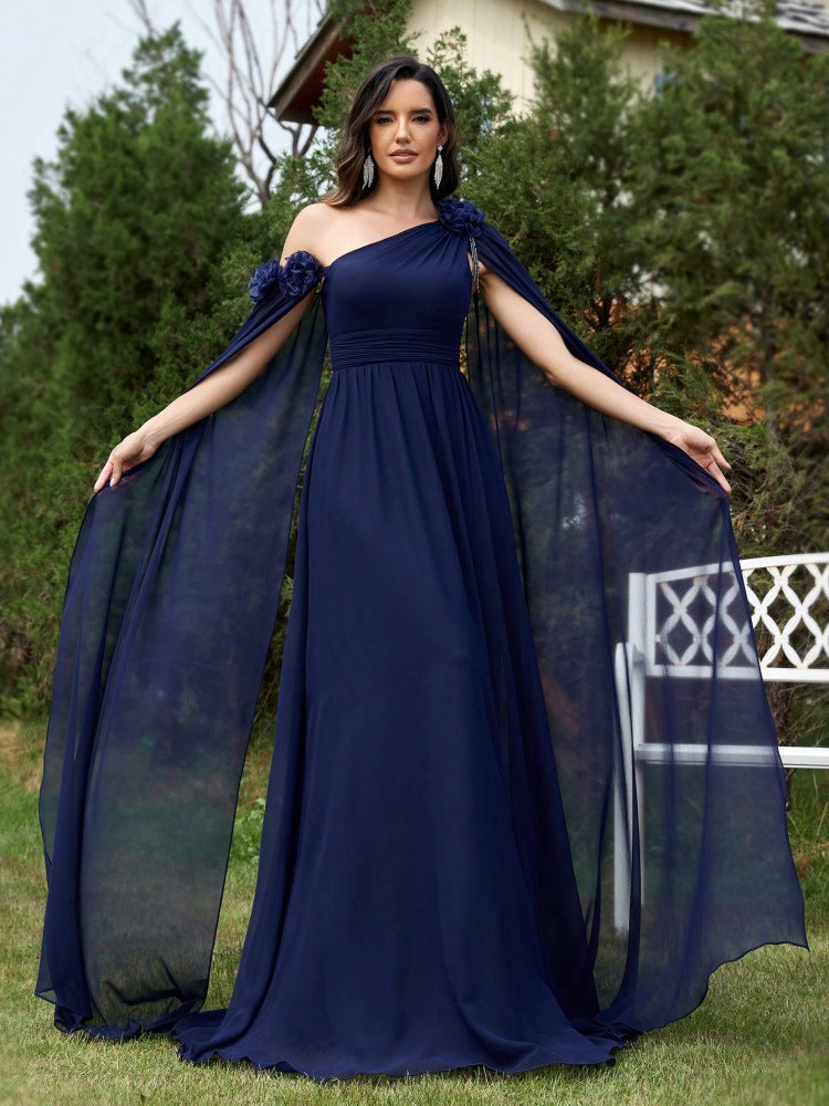 One Shoulder 3D Flower Cape Sleeve Chiffon A-Line Maxi Dress - View 2