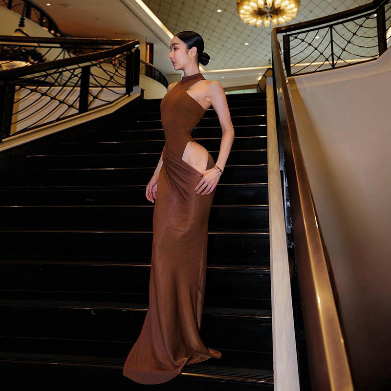 Halter High-Neck Draped Satin Column Maxi Dress 10