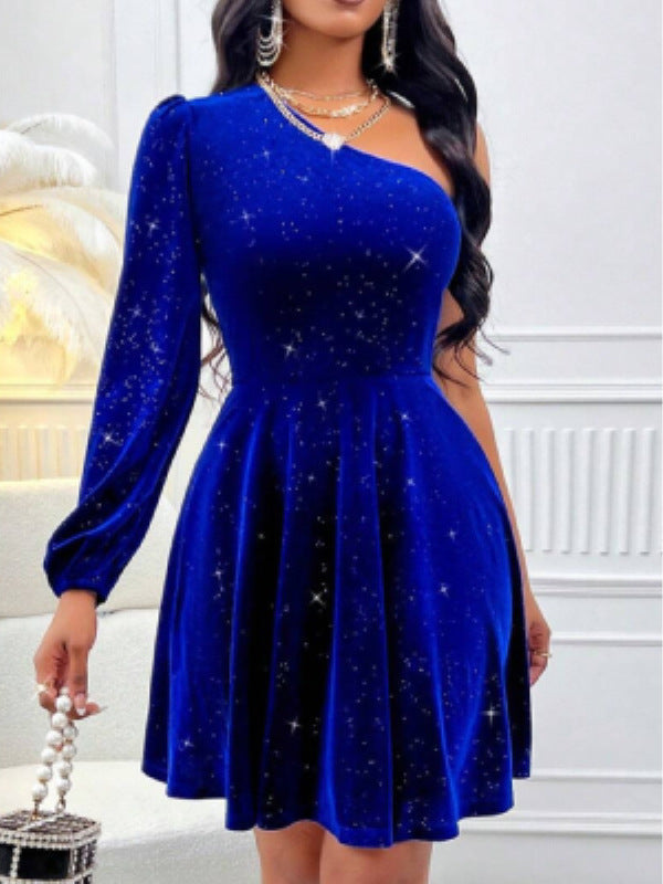 Maricela Asymmetric Glitter Evening Dress