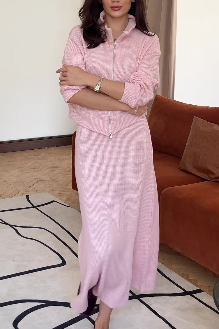 Chic Solid Color Knit Lapel Zip-Up Coat and Maxi Skirt Set