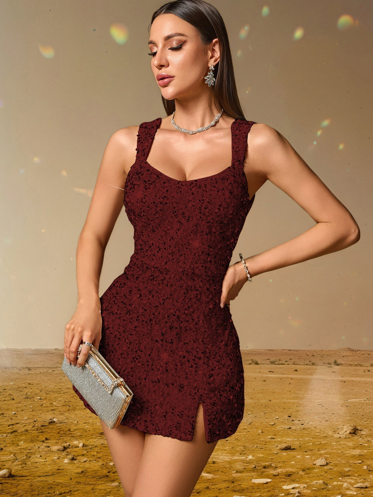 Sequin Square Neck Side Split Bodycon Mini Dress - View 7