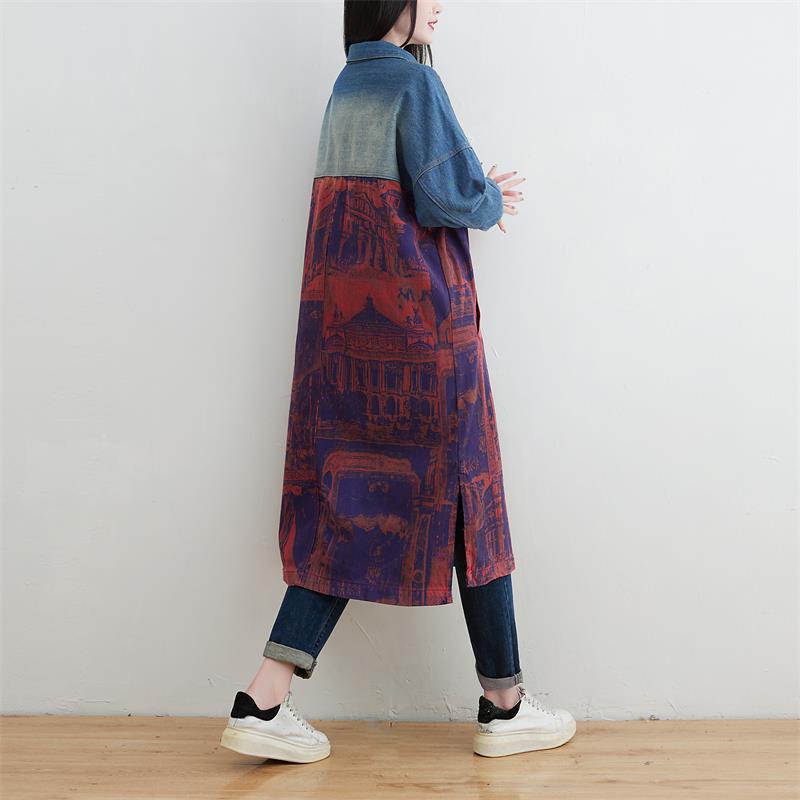 Stylish Knee-Length Patchwork Denim Trench Coat for All Seasons