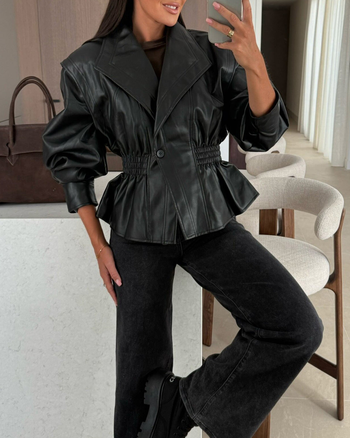 ShoptheCIC Classic Cropped PU Jacket with Stylish Lapel Design