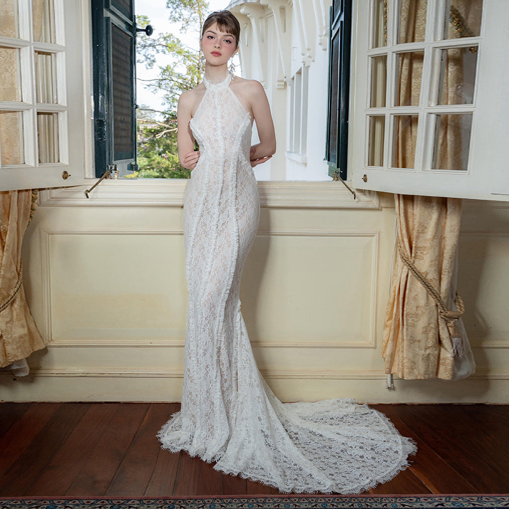 Lace Halter Neck Front Ruffle Mermaid Train Formal Gown