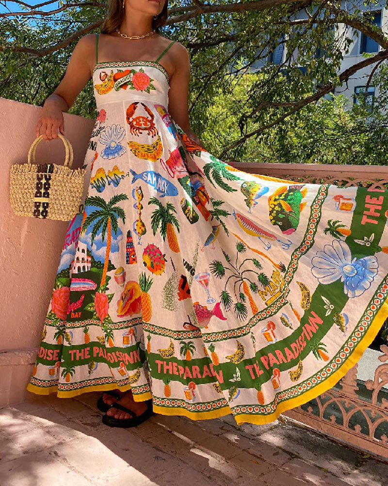 Sling graffiti print sleeveless wide hem dress