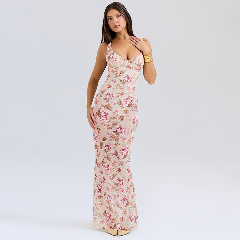 Floral Print Deep V-Neck Fitted Party Dress