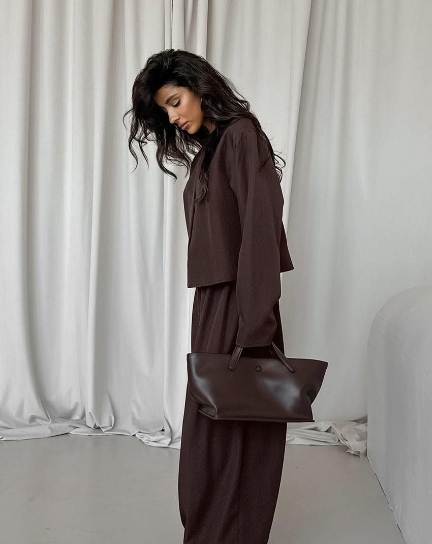Chic V-Neck Coat and Loose Trousers Two-Piece Set