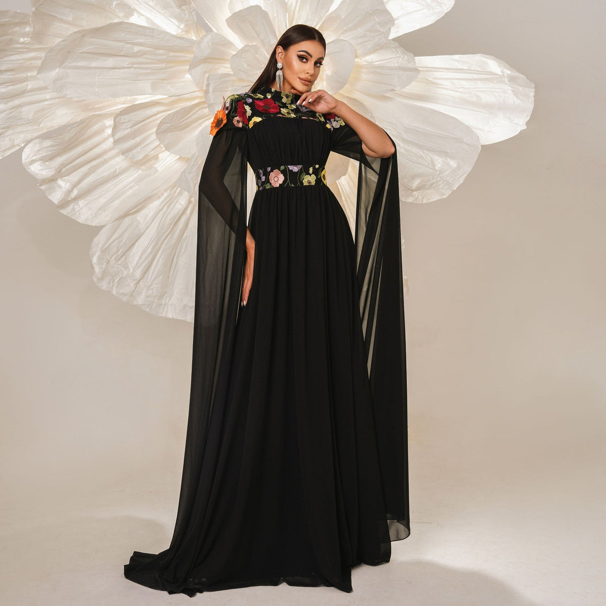 High Neck 3D Floral Applique Cape Sleeve Pleated Chiffon Maxi Gown - View 7