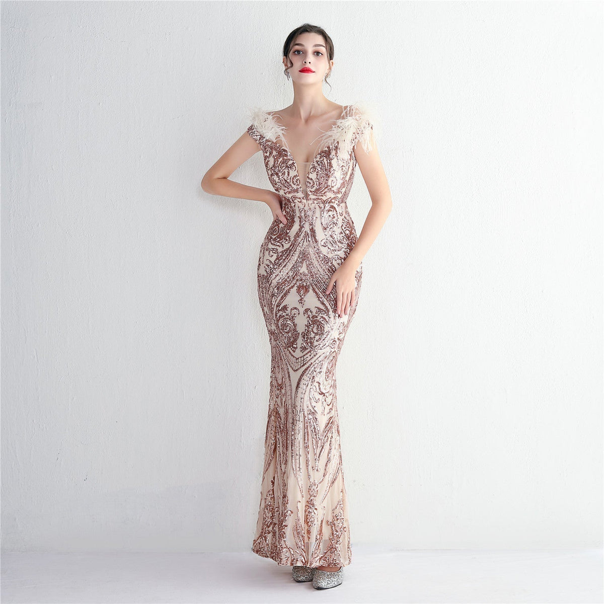 Off Shoulder Feather Deep V-Neck Sequin Mermaid Gown - View 3