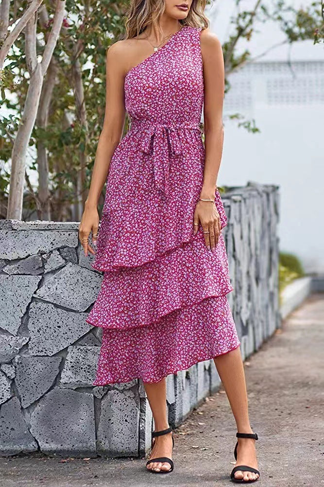 Ditsy Floral One Shoulder Tiered Belted Midi Dress 5