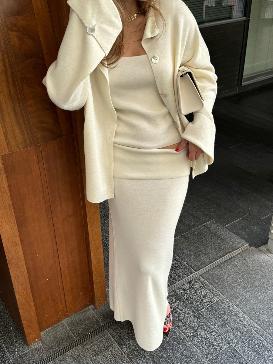 Cozy Knitted Long-Sleeved Cardigan and Skirt Set for Style