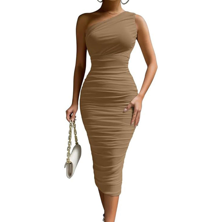 One Shoulder Ruched Sleeveless Bodycon Midi Dress 5