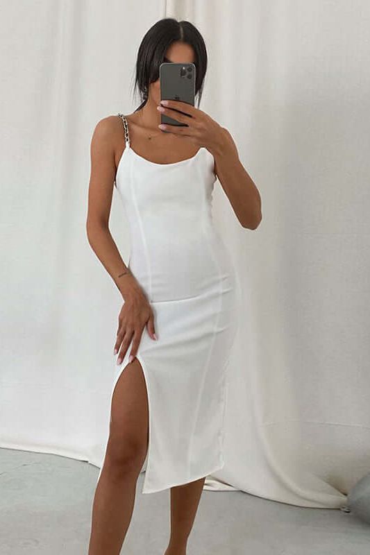 Sweetheart Chain Strap Front-Slit Bodycon Midi Dress 4
