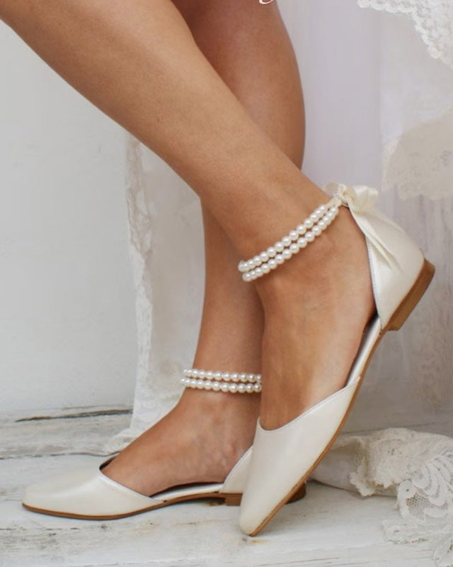 Pointed hollow pearl straps heel strap low heel sandals