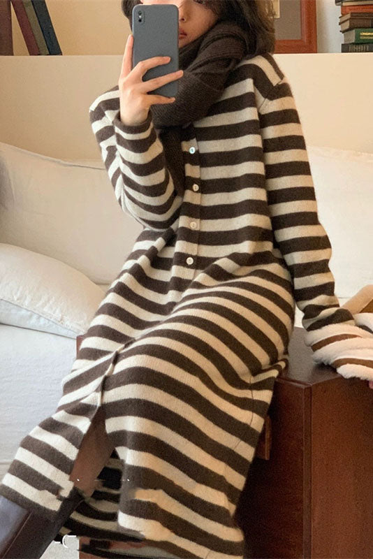 RadyRin V-Neck Striped Knitted Cardigan Dress for Elegance