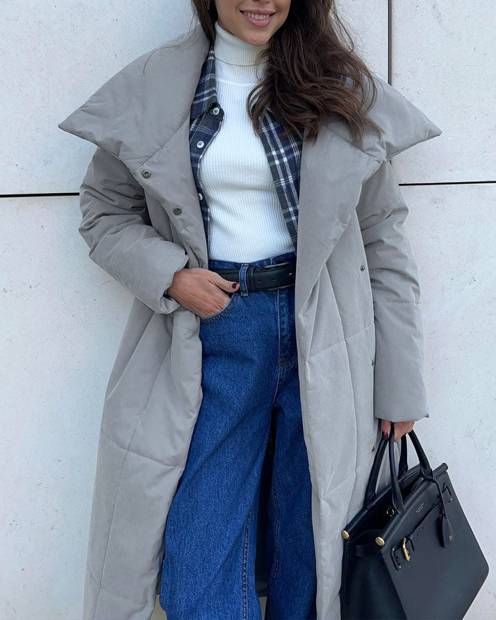 Elegant Long Cotton Coat with Large Lapel and Belt