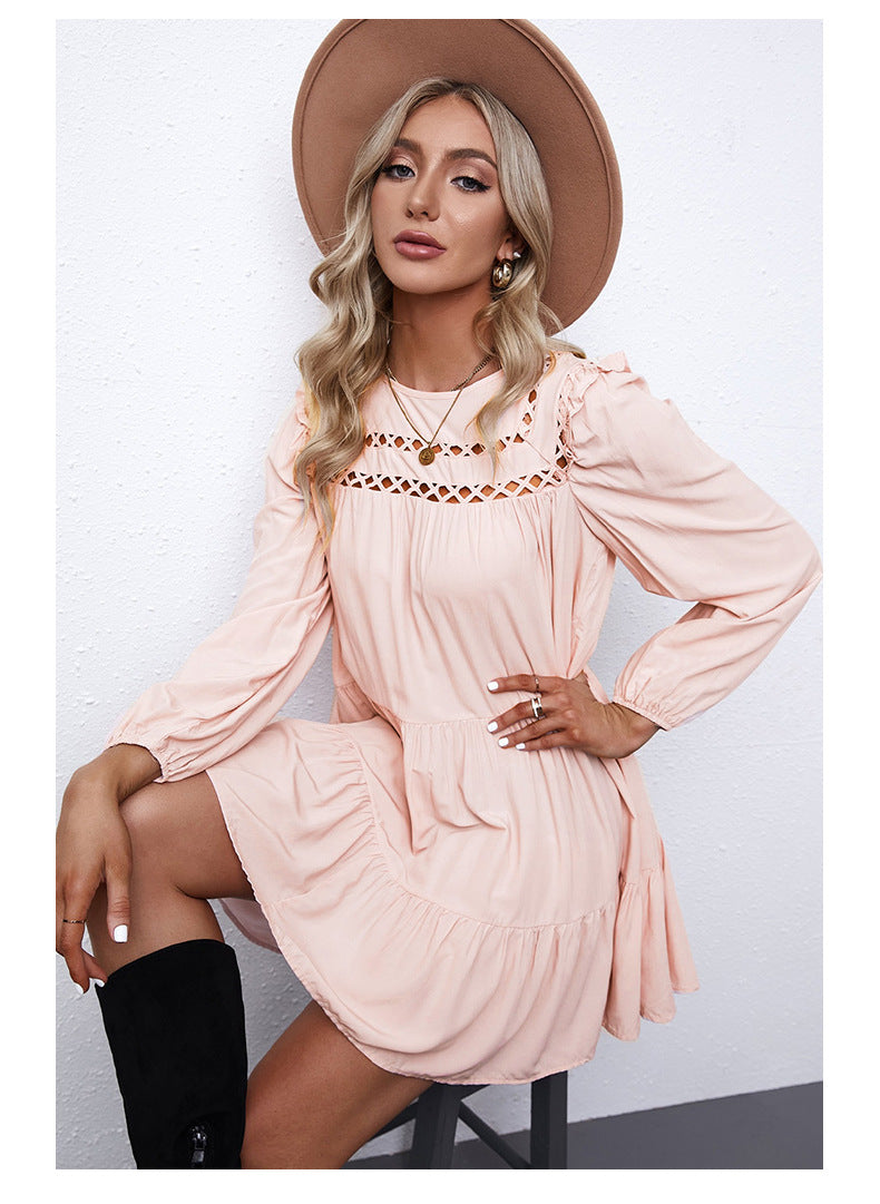 Square Neck Long Sleeve Crochet Trim Tiered Mini Dress