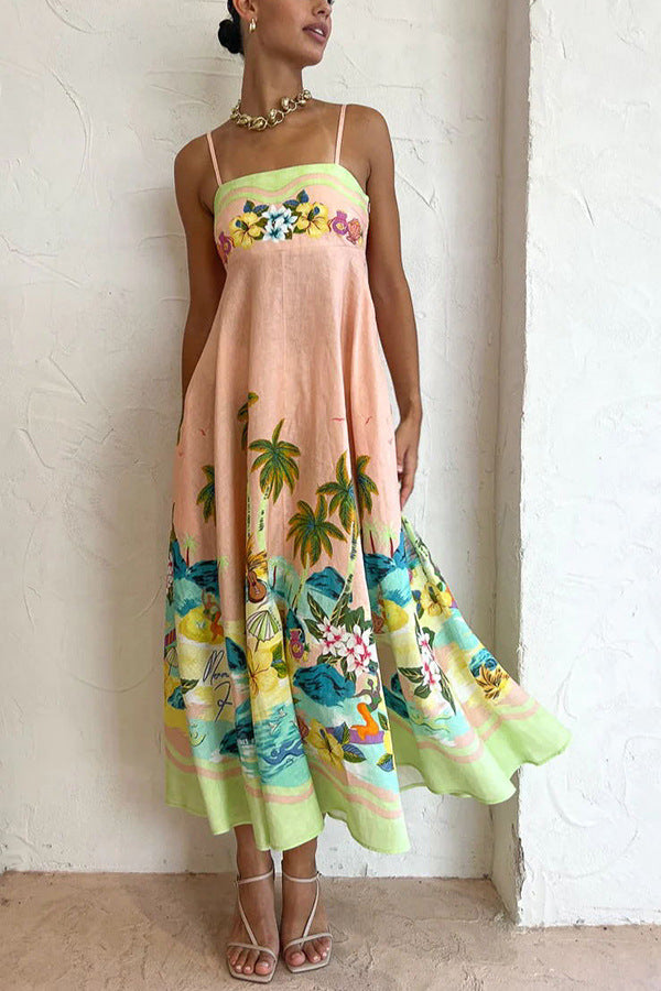 Tropical landscape print suspender dress