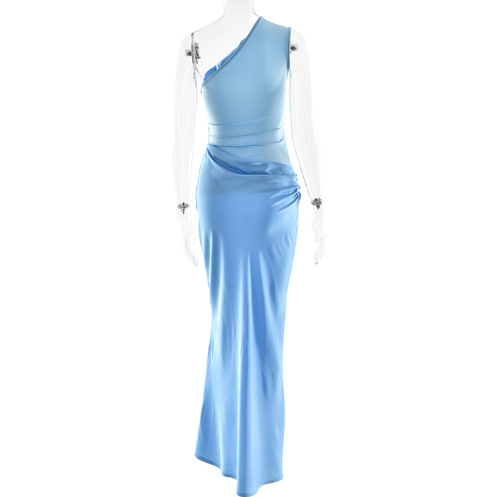 One-Shoulder Ruched Satin Bias Column Maxi Dress 11