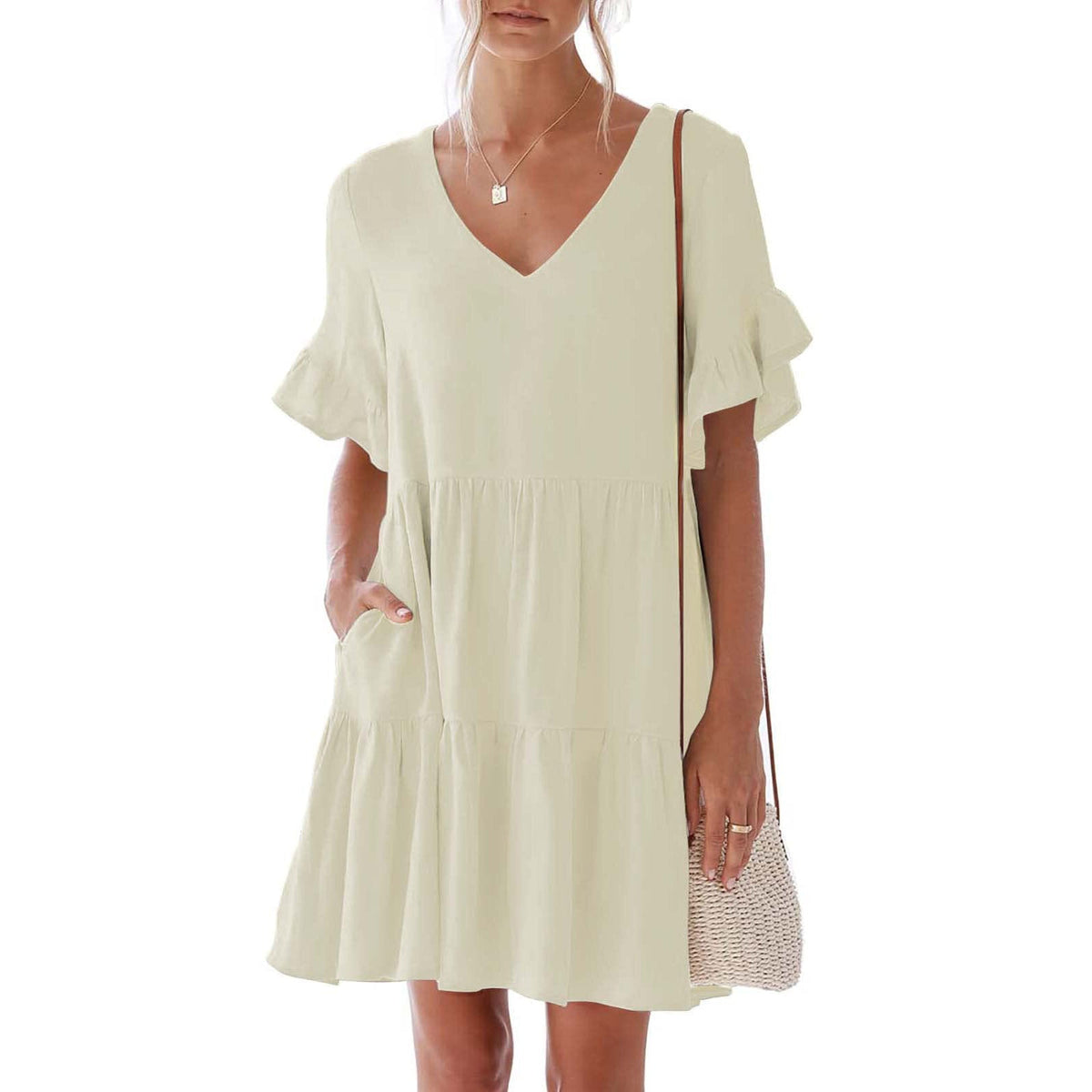 V-Neck Short Sleeve Tiered Shift Mini Dress 4