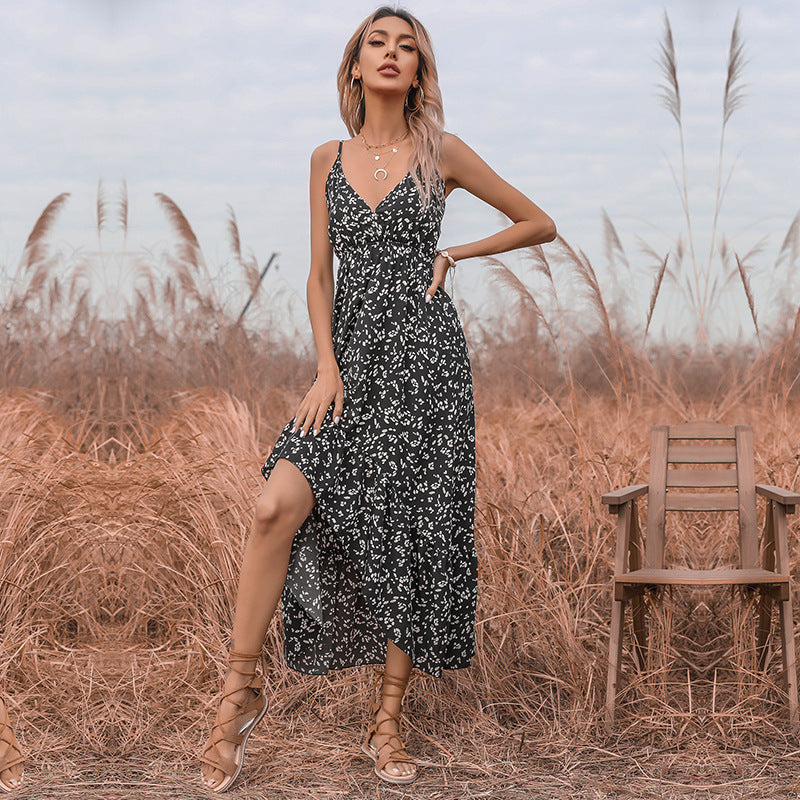 Floral Spaghetti Strap V-Neck Tiered High Split Midi Dress - View 4
