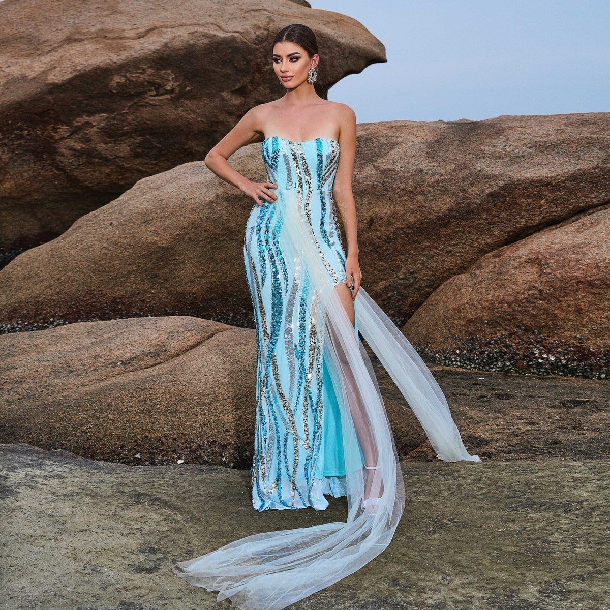 Sequin Strapless Sweetheart High Split Mermaid Evening Gown in Blue - View 2
