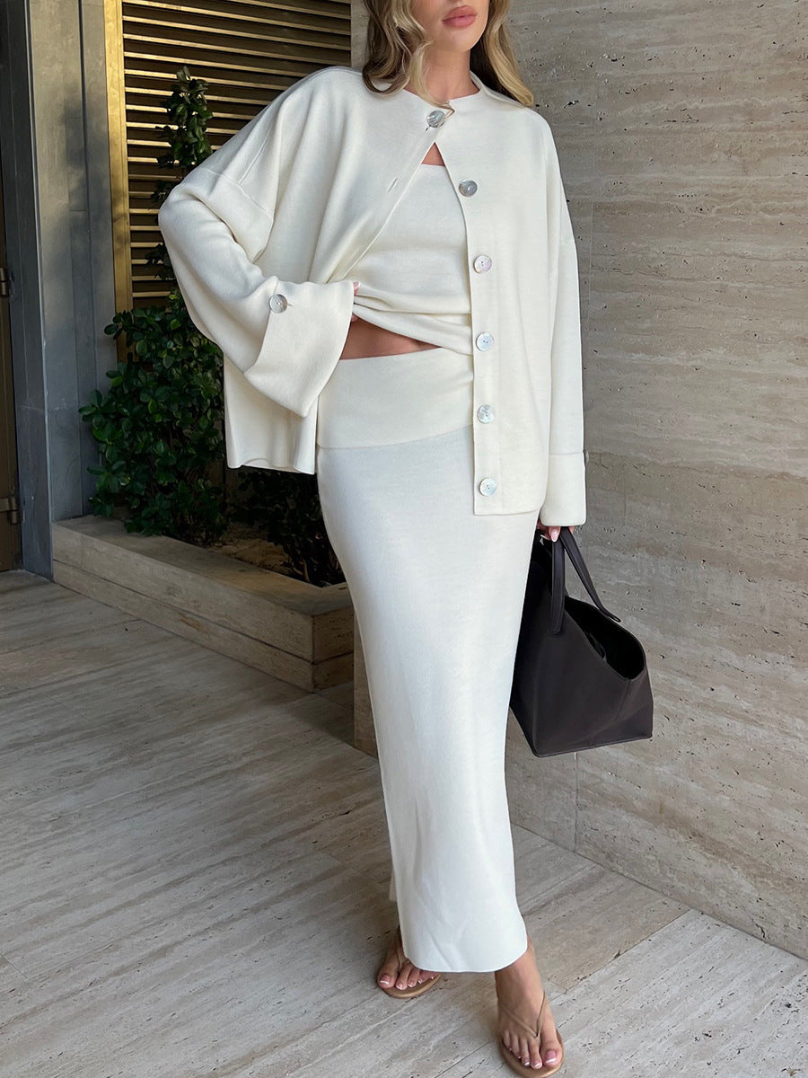Cozy Knitted Long-Sleeved Cardigan and Skirt Set for Style