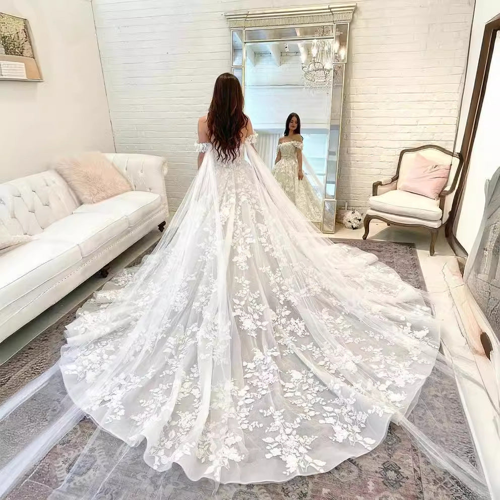 Off-Shoulder Satin Long Train Wedding Dress